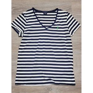 Ralph Lauren Sport Women's White & Navy Stripe Green Pony V-Neck Top Size Medium